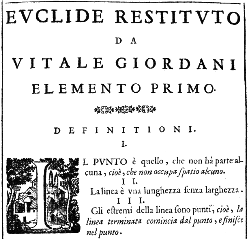 Euclide restituto, overo Gli antichi elementi geometrici ristaurati e facilitati da Vitale Giordano da Bitonto. Roma : Bernabò