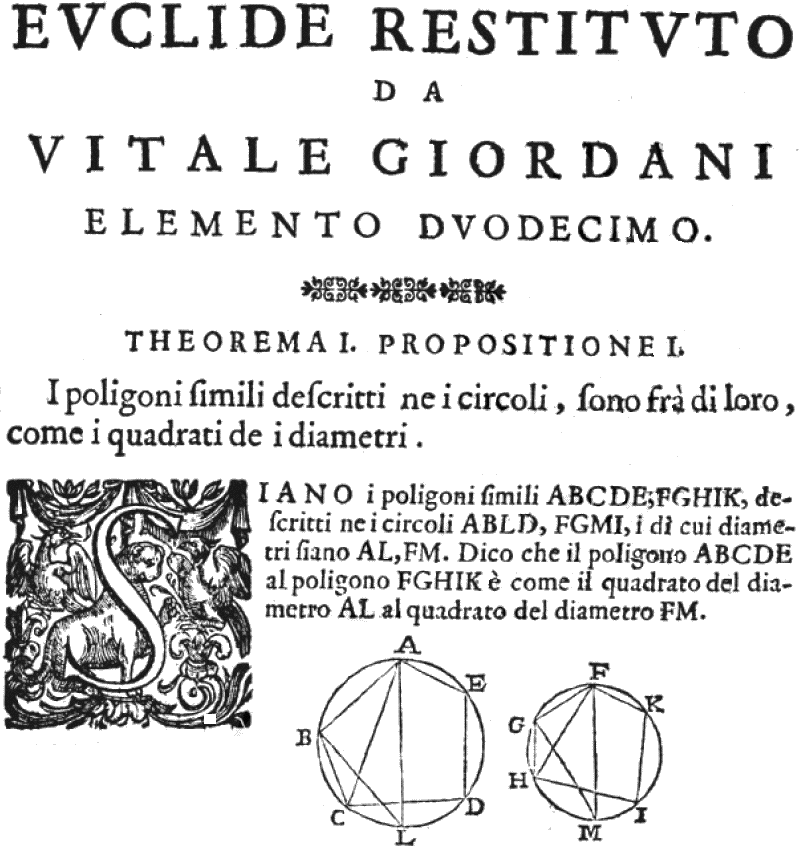 Euclide restituto, overo Gli antichi elementi geometrici ristaurati e facilitati da Vitale Giordano da Bitonto. Roma : Bernabò