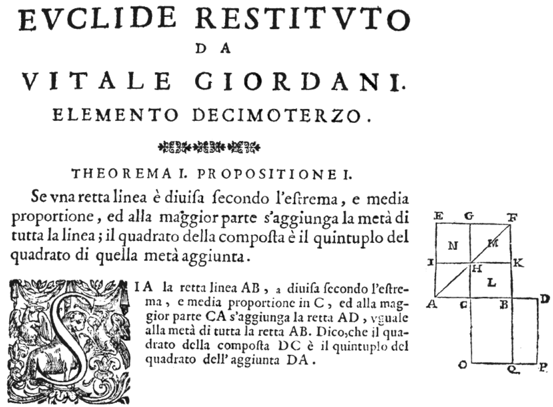 Euclide restituto, overo Gli antichi elementi geometrici ristaurati e facilitati da Vitale Giordano da Bitonto. Roma : Bernabò