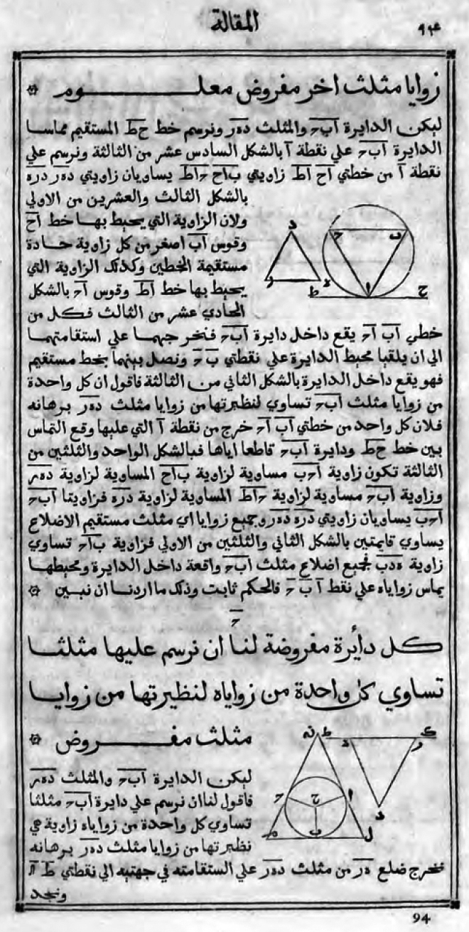 EX TRADITIONE DOCTISSIMI NASIRIDINI TVSINI Nunc primum Arabice impressi. ROMÆ In Typographia Medicea. MDXCIV